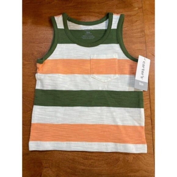 Carters Baby Tank Top 9M Green/Orange/White Stripes Cotton Blend With Front Pock - Picture 1 of 2